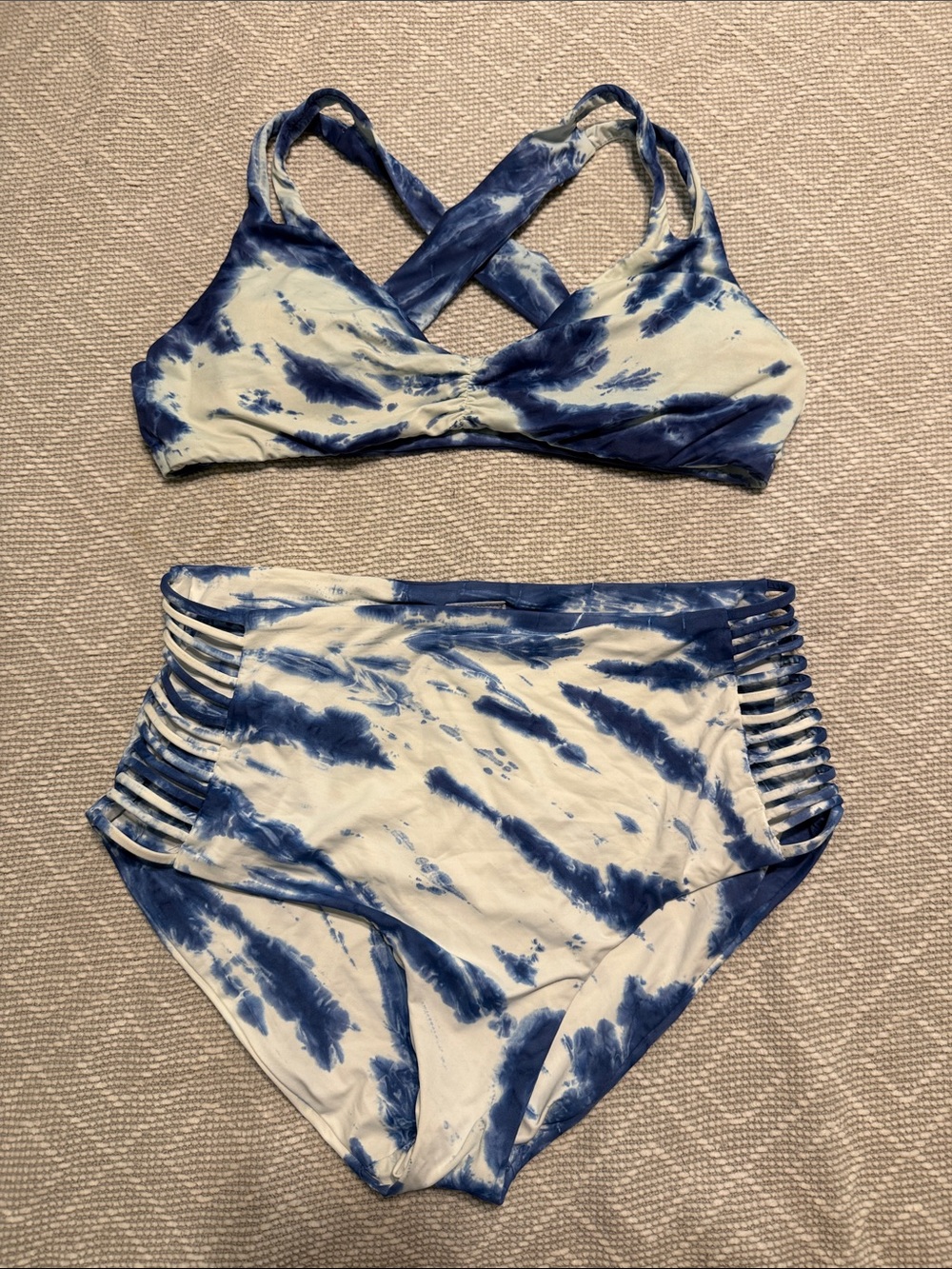 Lucky Brand Tie-Dye Blue & White High-Waist Cut Out Bikini Set